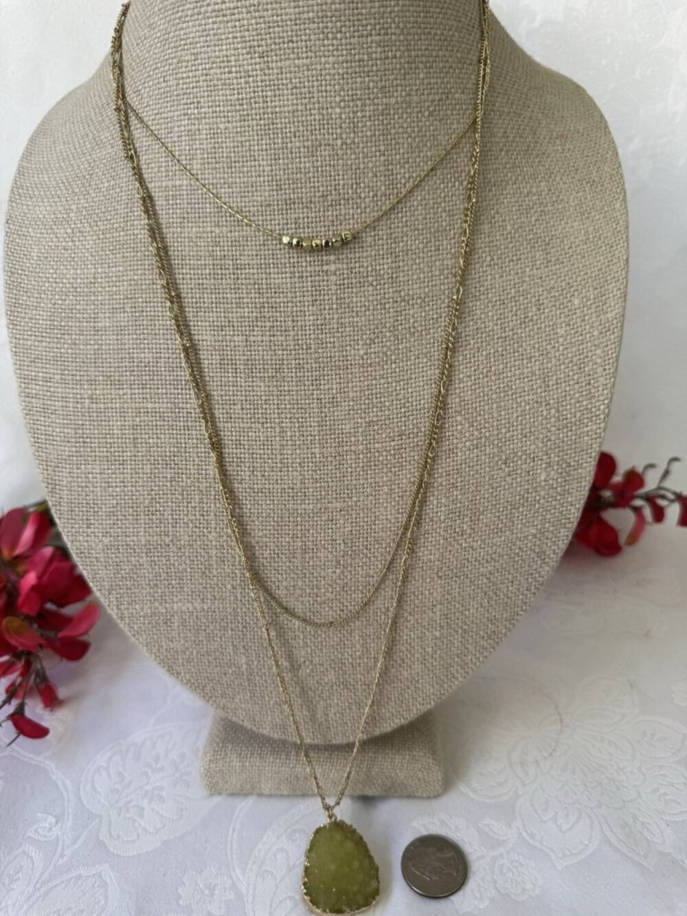 Green Stone Pendant GoldTone Charm 3 Layer Dainty Chain Necklace 32" NEW